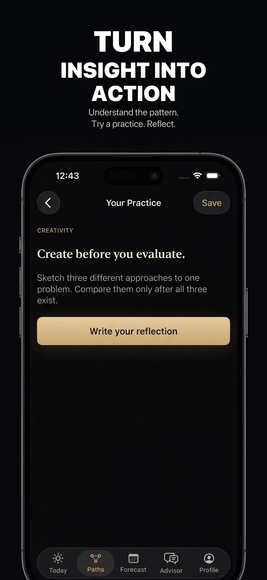 Astra practice screen with a concrete exercise and Write your reflection button