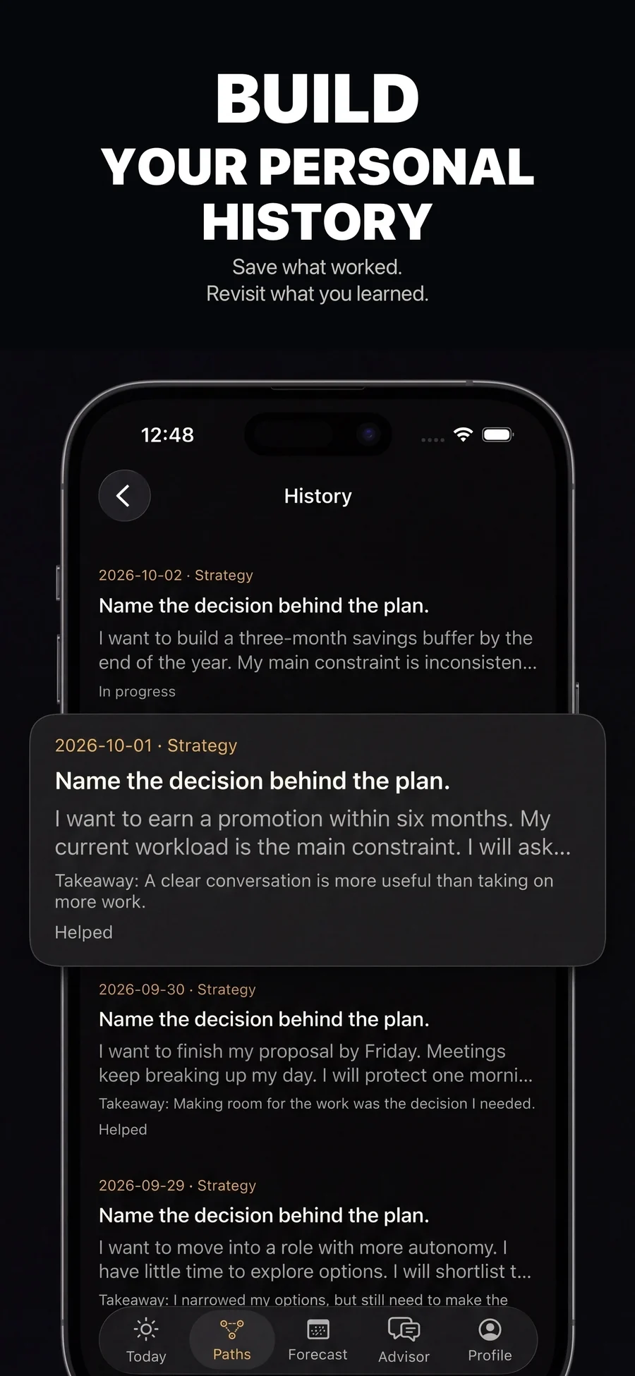 Saved Astra history entries with reflections, takeaways, and recorded outcomes