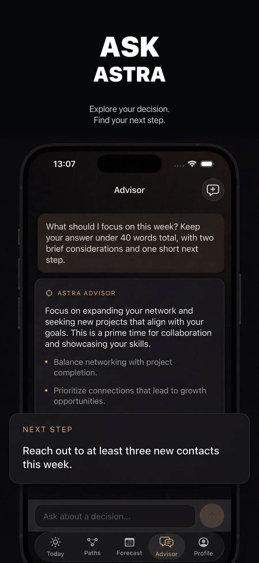 Astra Advisor showing a user question, considerations, and a next step